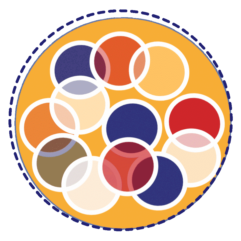 Button Inklusion: ein großer gelber Kreis, darin kleine, sich teilweise überlagernde Kreise in transparenten Farben